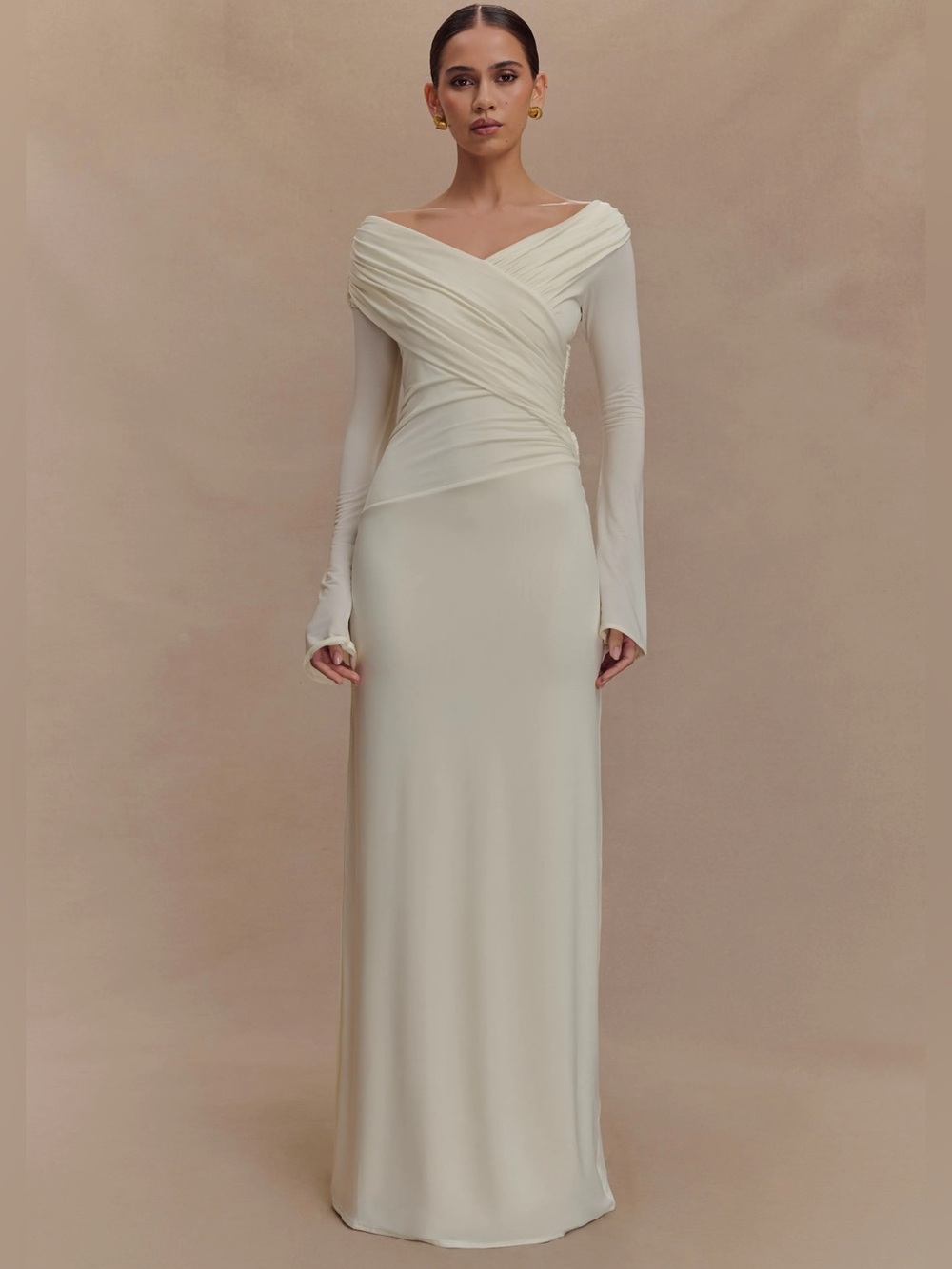 Meshki Ivory Cream Long Sleeve Off-Shoulder Maxi Dress
